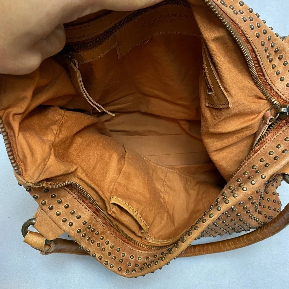 Platania Brown Leather Studded Double Handles Large Tote Shoulder Bag - Italy
